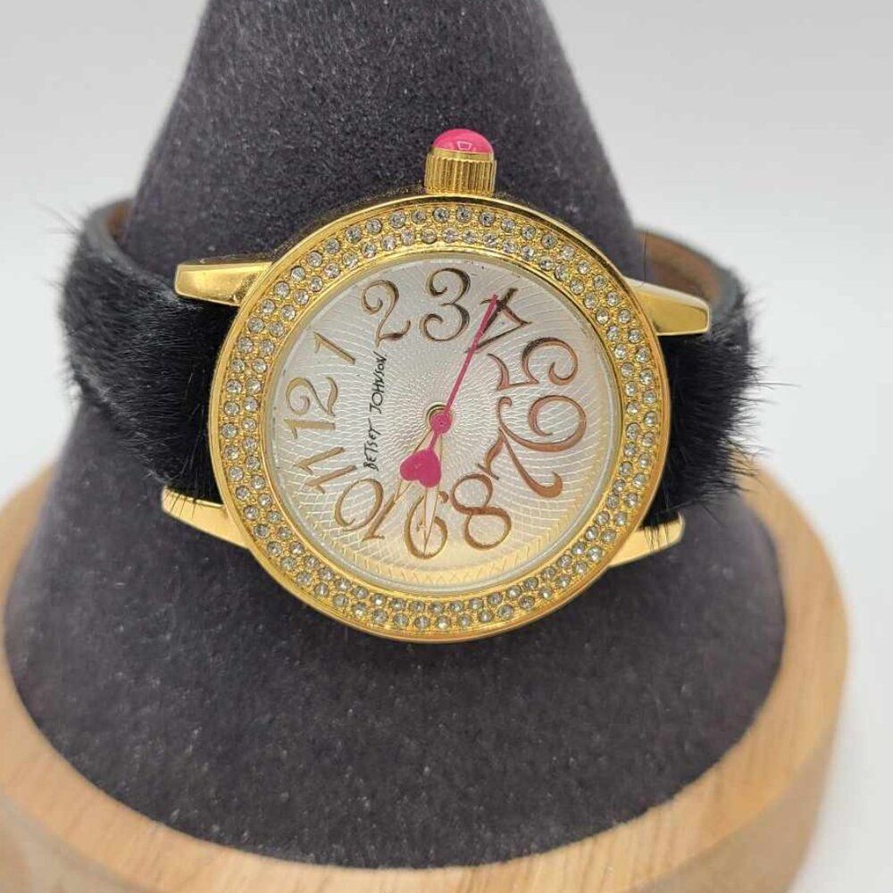Betsey Johnson Gold Tone With Crystal Watch Running with Black Fuzzy Band NWOT!